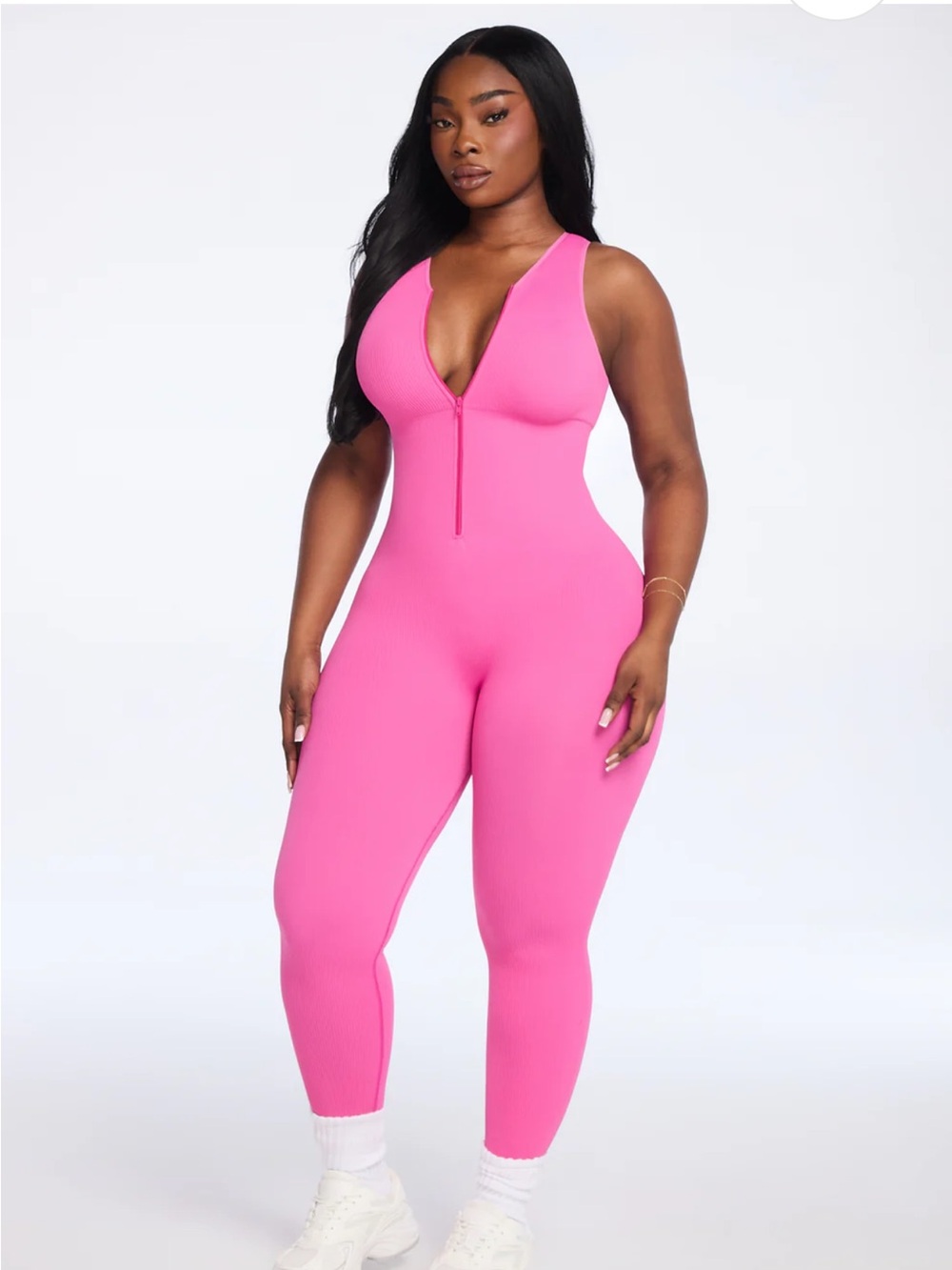 SHE’S WAISTED SnatchedKnit Compression Pink Ribbed Front Zip Jumpsuit Size M/L